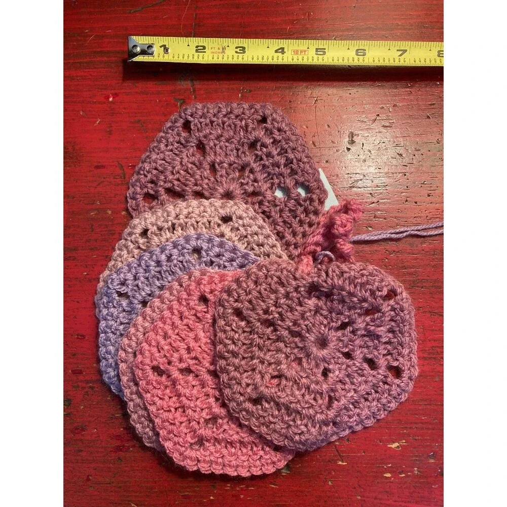 PURPLE CAT CRAFTS Handmade Crocheted Coasters Lot of 6 Rose Purple Etc. Colorful